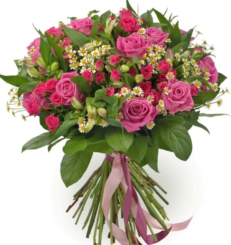 Bouquet with pink rose and pink alstromerias