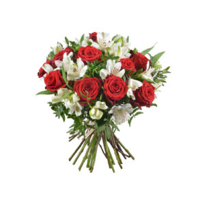 Μπουκέτο με κόκκινα τριαντάφυλλα και αστρομέρια